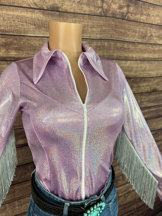 Lilac Sparkle Zipper Front Rodeo Shirt with Silver Fringe
