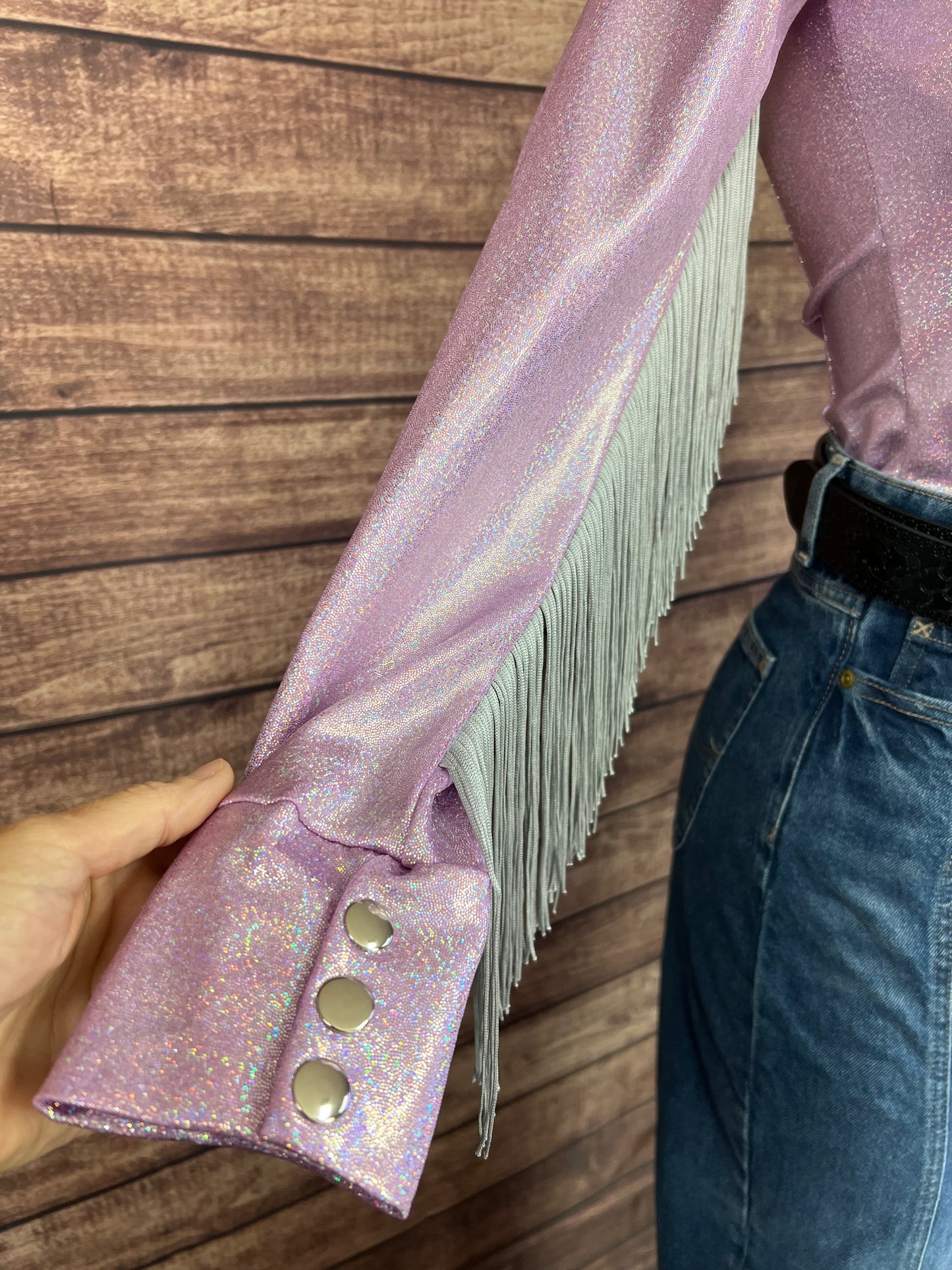 Lilac Sparkle Zipper Front Rodeo Shirt with Silver Fringe