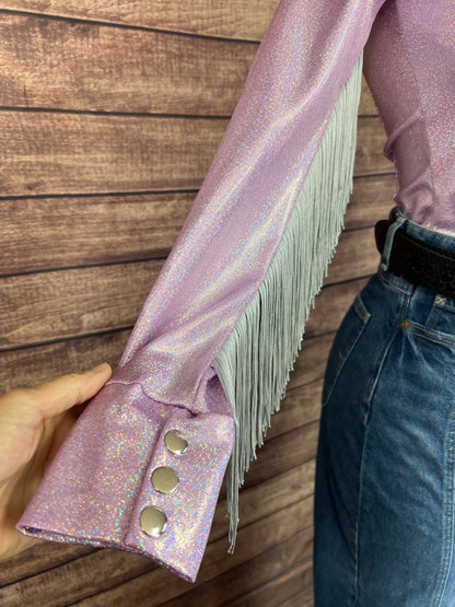 Lilac Sparkle Zipper Front Rodeo Shirt with Silver Fringe