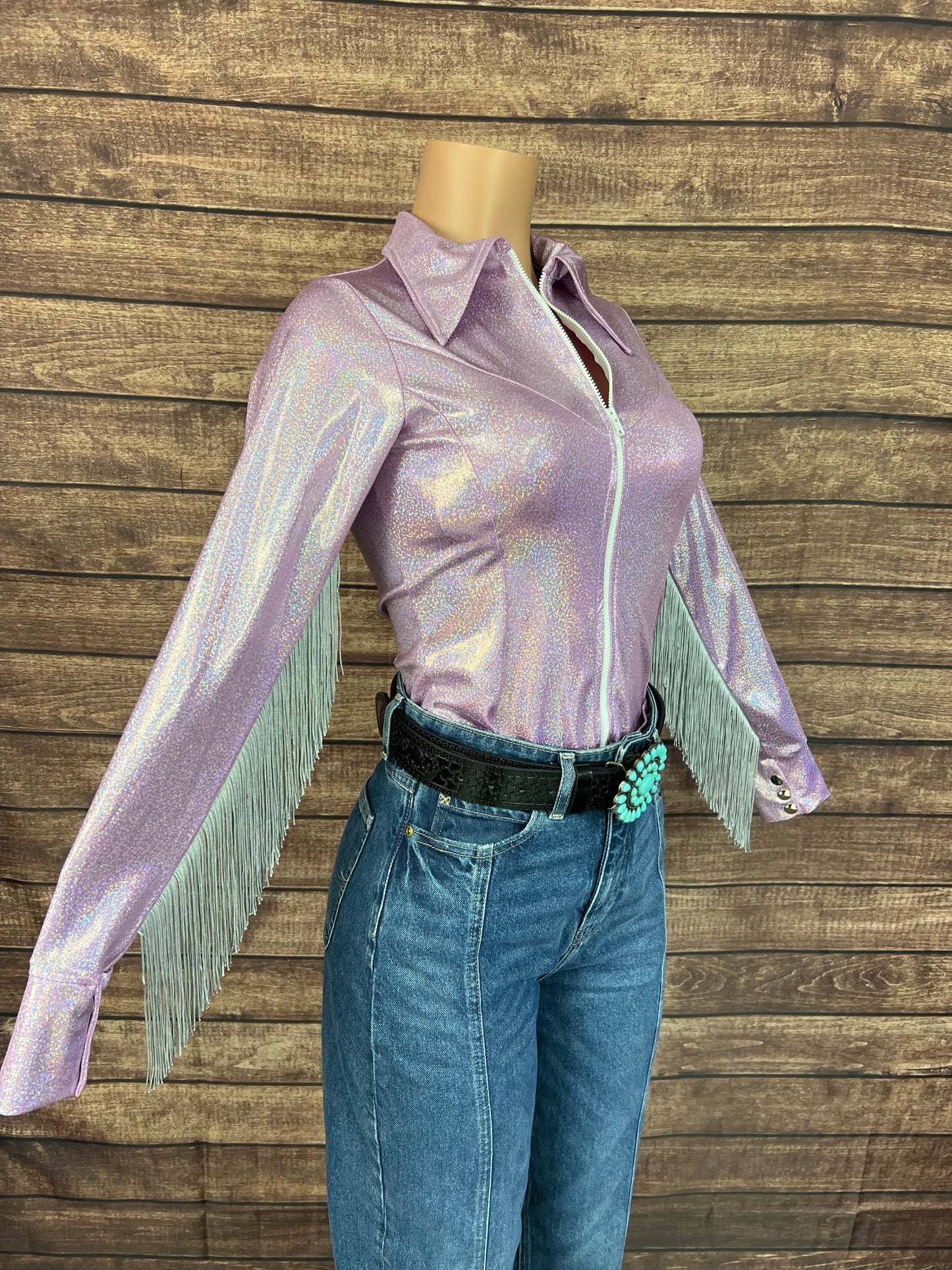 Lilac Sparkle Zipper Front Rodeo Shirt with Silver Fringe