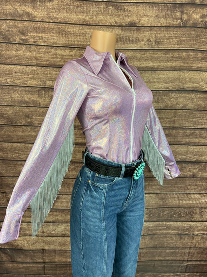 Lilac Sparkle Zipper Front Rodeo Shirt with Silver Fringe
