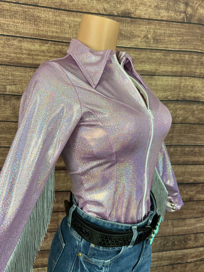 Lilac Sparkle Zipper Front Rodeo Shirt with Silver Fringe