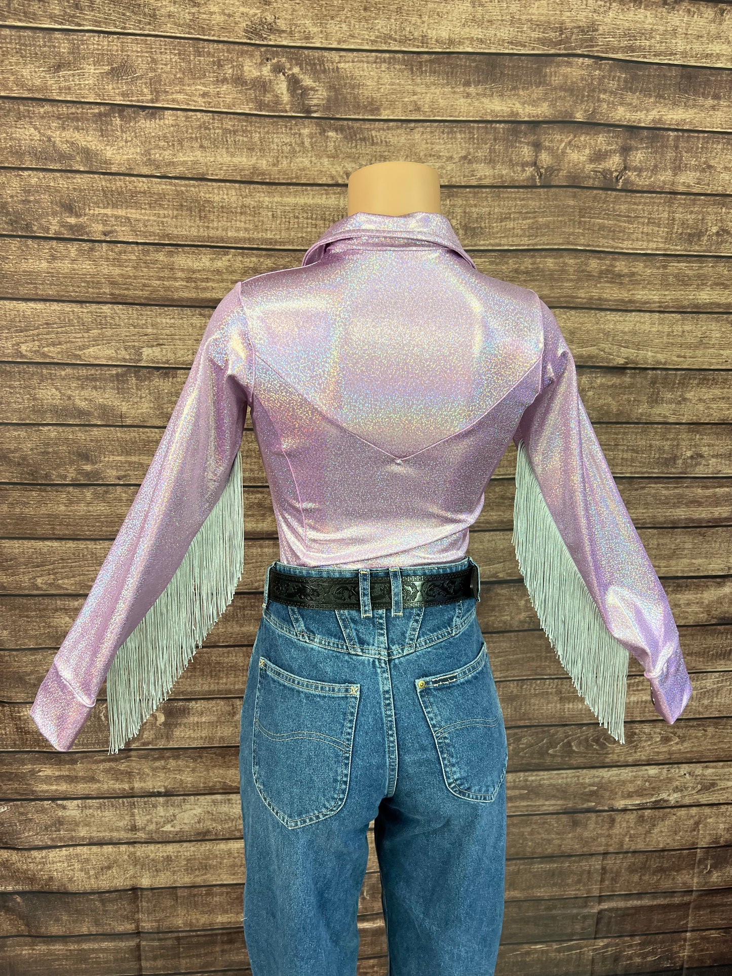 Lilac Sparkle Zipper Front Rodeo Shirt with Silver Fringe
