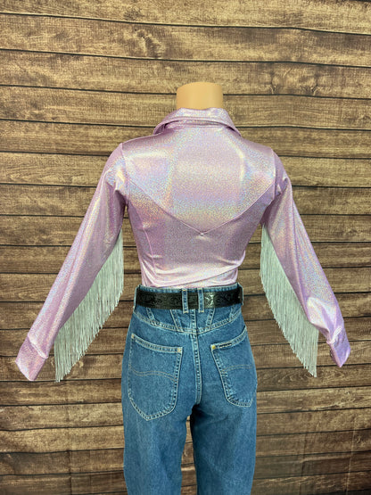 Lilac Sparkle Zipper Front Rodeo Shirt with Silver Fringe