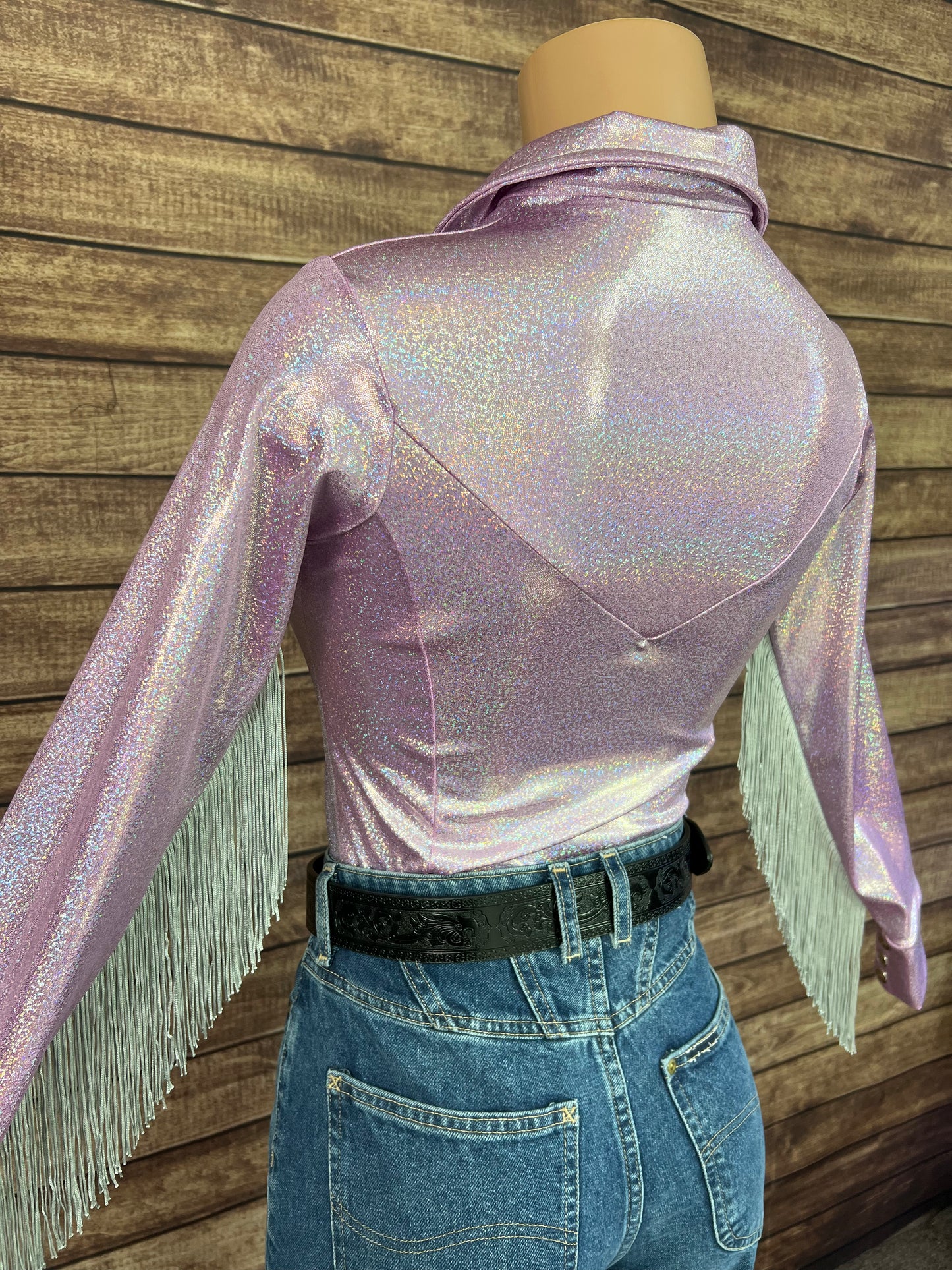 Lilac Sparkle Zipper Front Rodeo Shirt with Silver Fringe