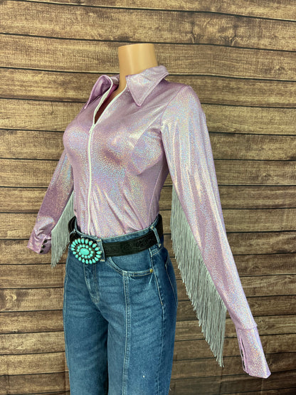Lilac Sparkle Zipper Front Rodeo Shirt with Silver Fringe