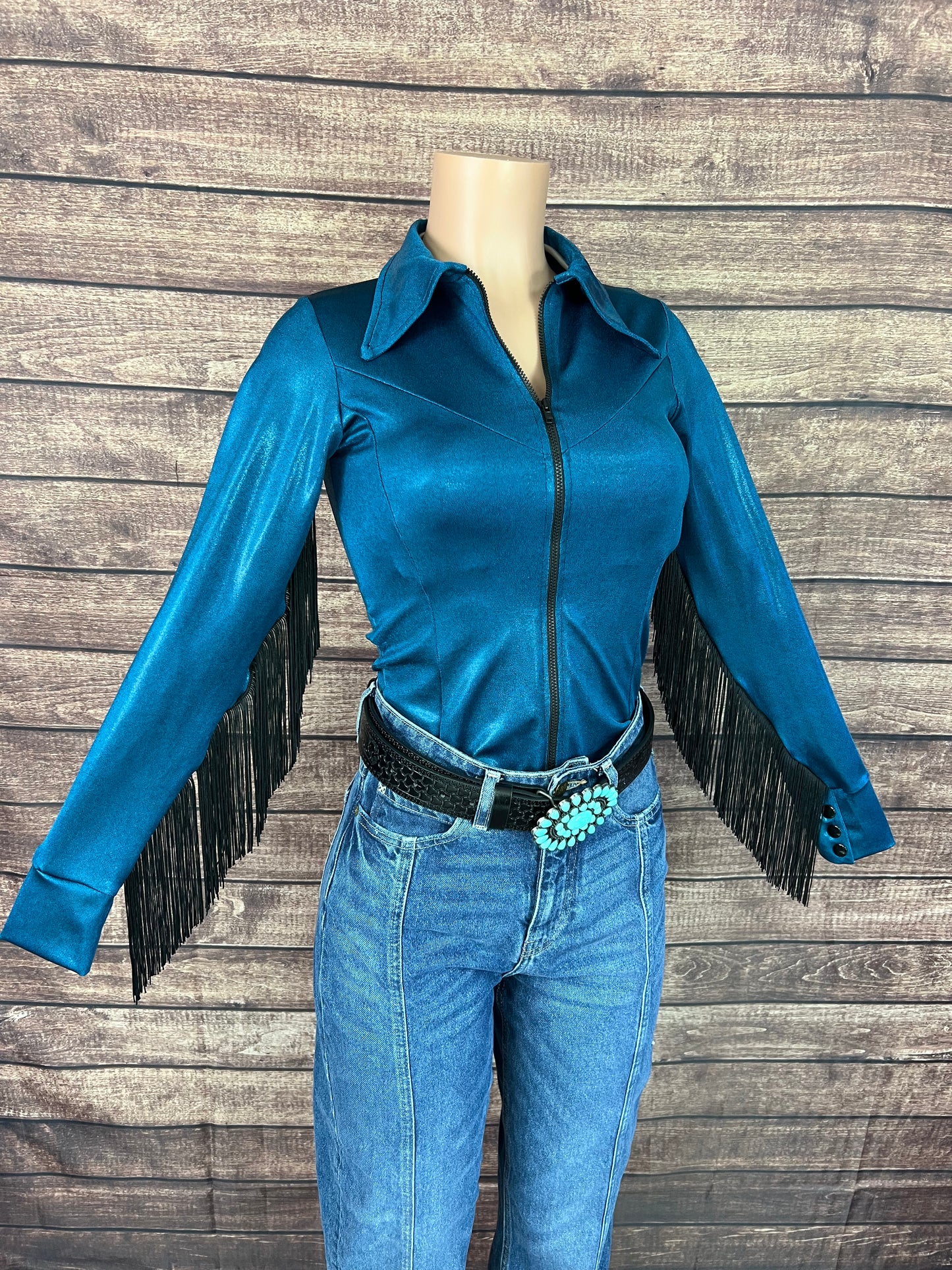 Nile Blue Zipper Front Rodeo Shirt with Black Fringe