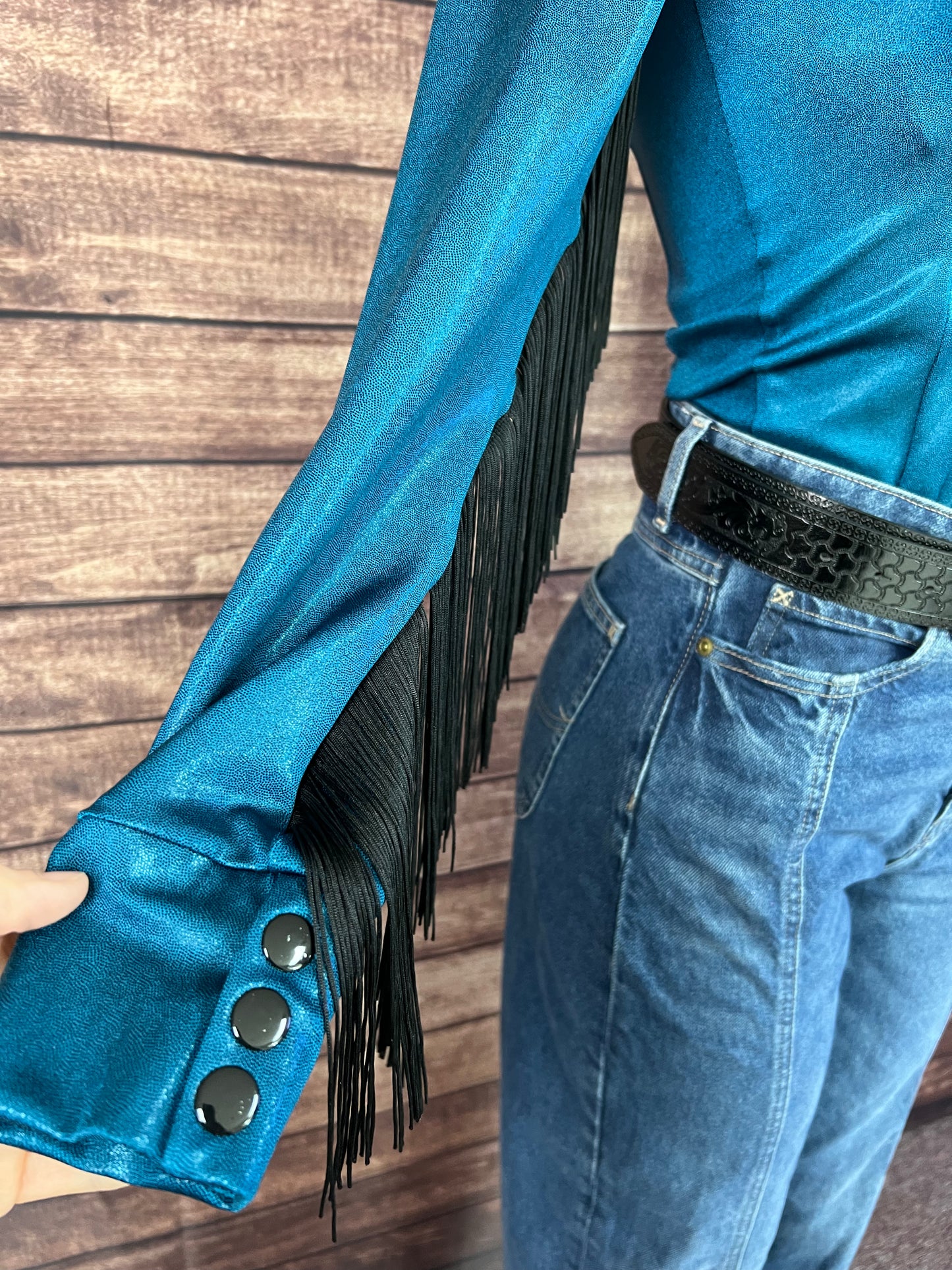 Nile Blue Zipper Front Rodeo Shirt with Black Fringe