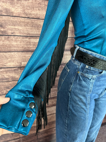 Nile Blue Zipper Front Rodeo Shirt with Black Fringe