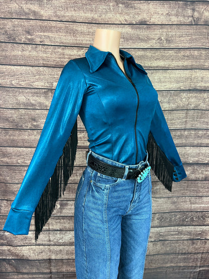 Nile Blue Zipper Front Rodeo Shirt with Black Fringe