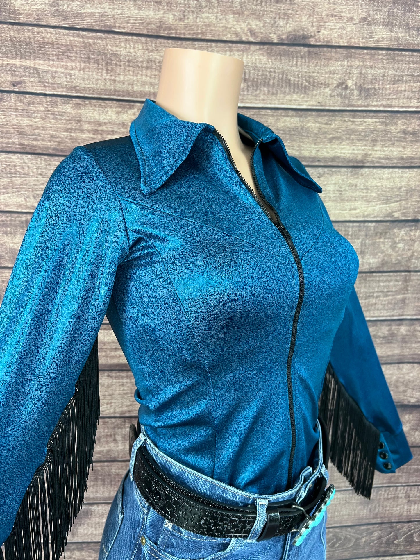Nile Blue Zipper Front Rodeo Shirt with Black Fringe