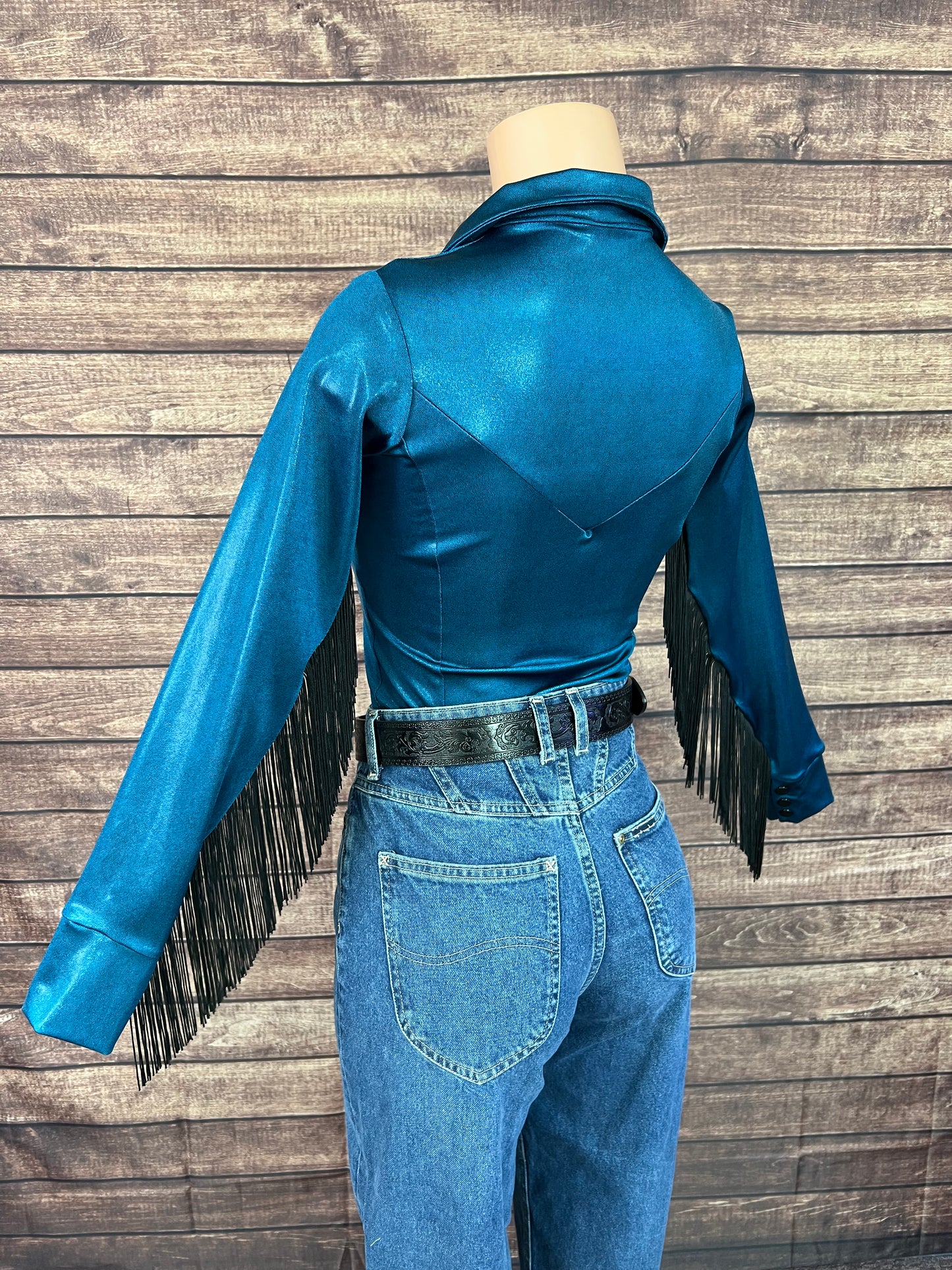 Nile Blue Zipper Front Rodeo Shirt with Black Fringe