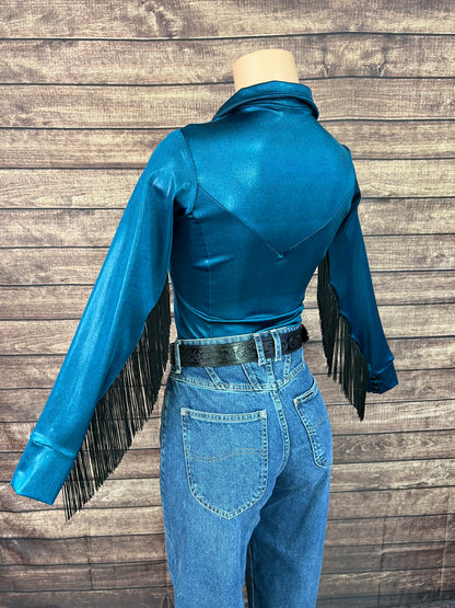 Nile Blue Zipper Front Rodeo Shirt with Black Fringe