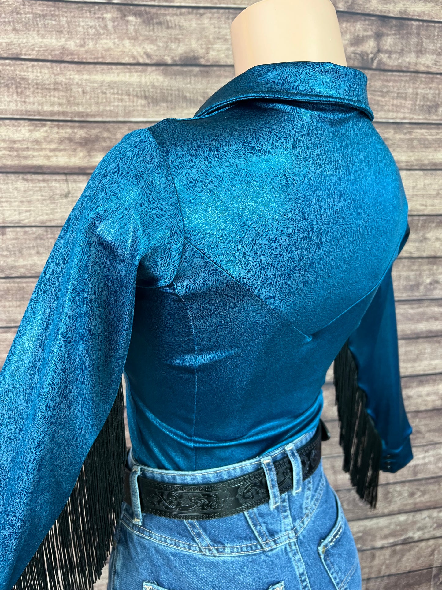 Nile Blue Zipper Front Rodeo Shirt with Black Fringe