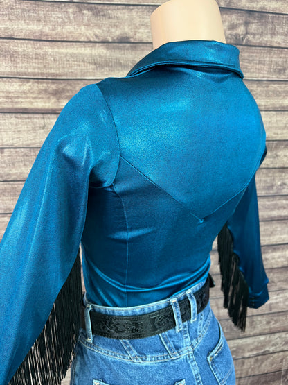 Nile Blue Zipper Front Rodeo Shirt with Black Fringe