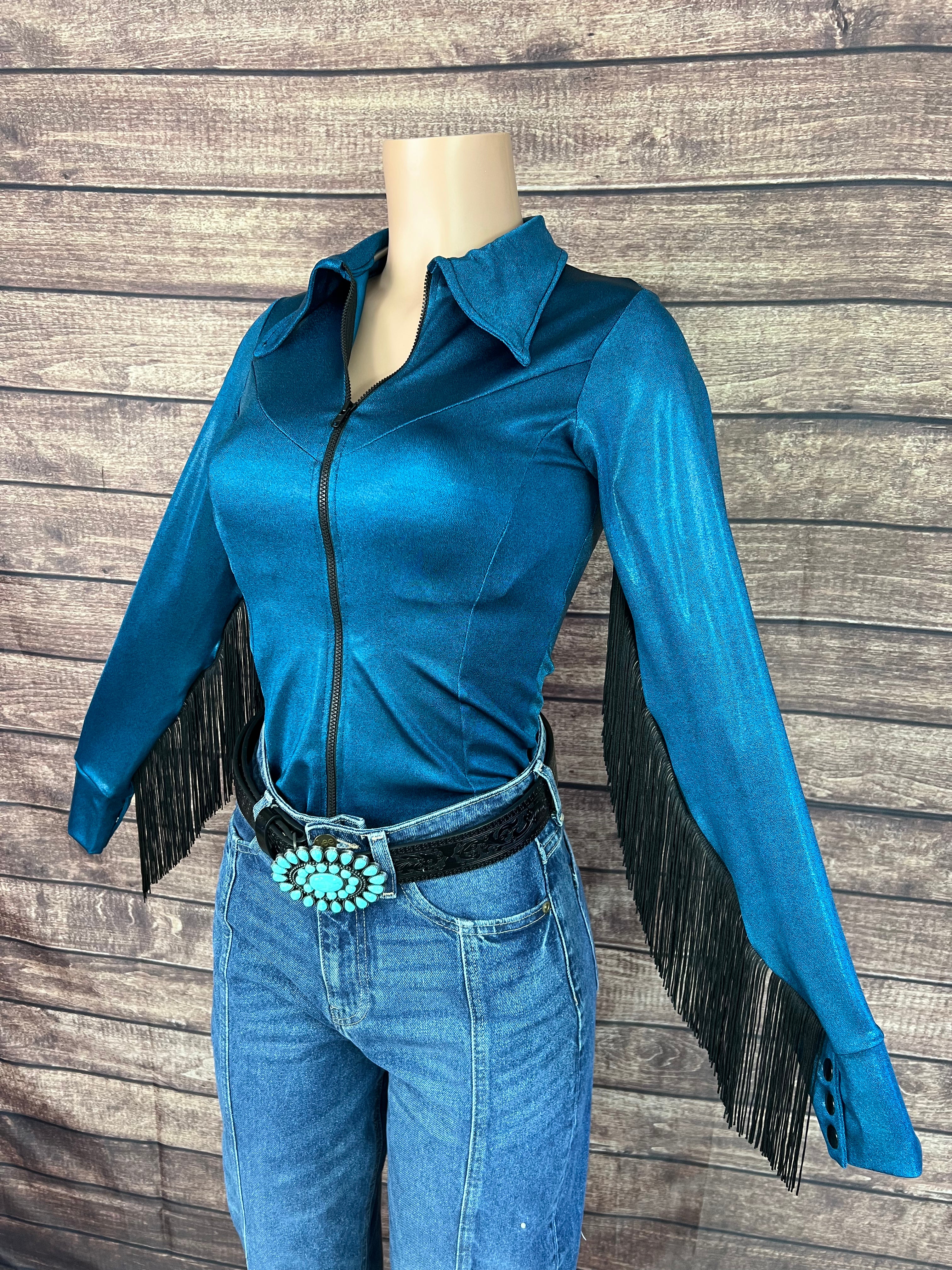 Nile Blue Zipper Front Rodeo Shirt with Black Fringe - Riverside Rodeo ...