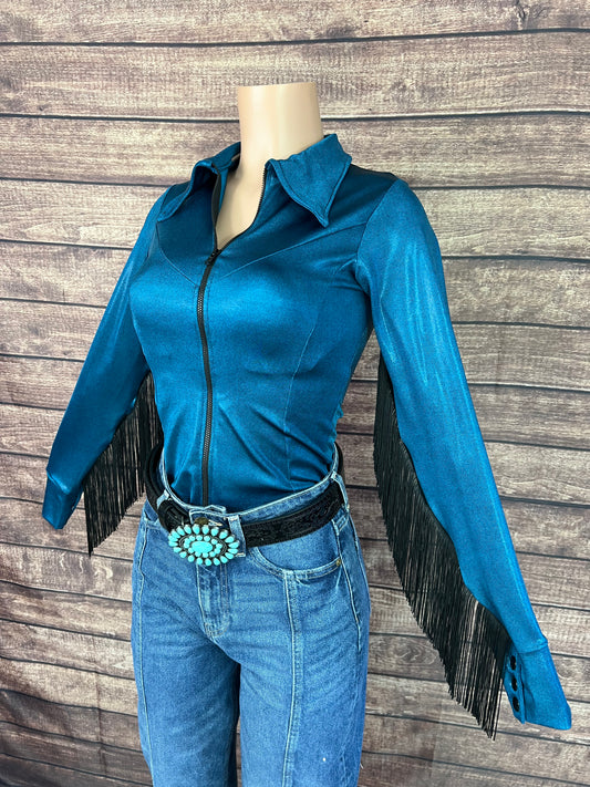 Nile Blue Zipper Front Rodeo Shirt with Black Fringe