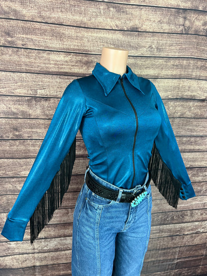 Nile Blue Zipper Front Rodeo Shirt with Black Fringe
