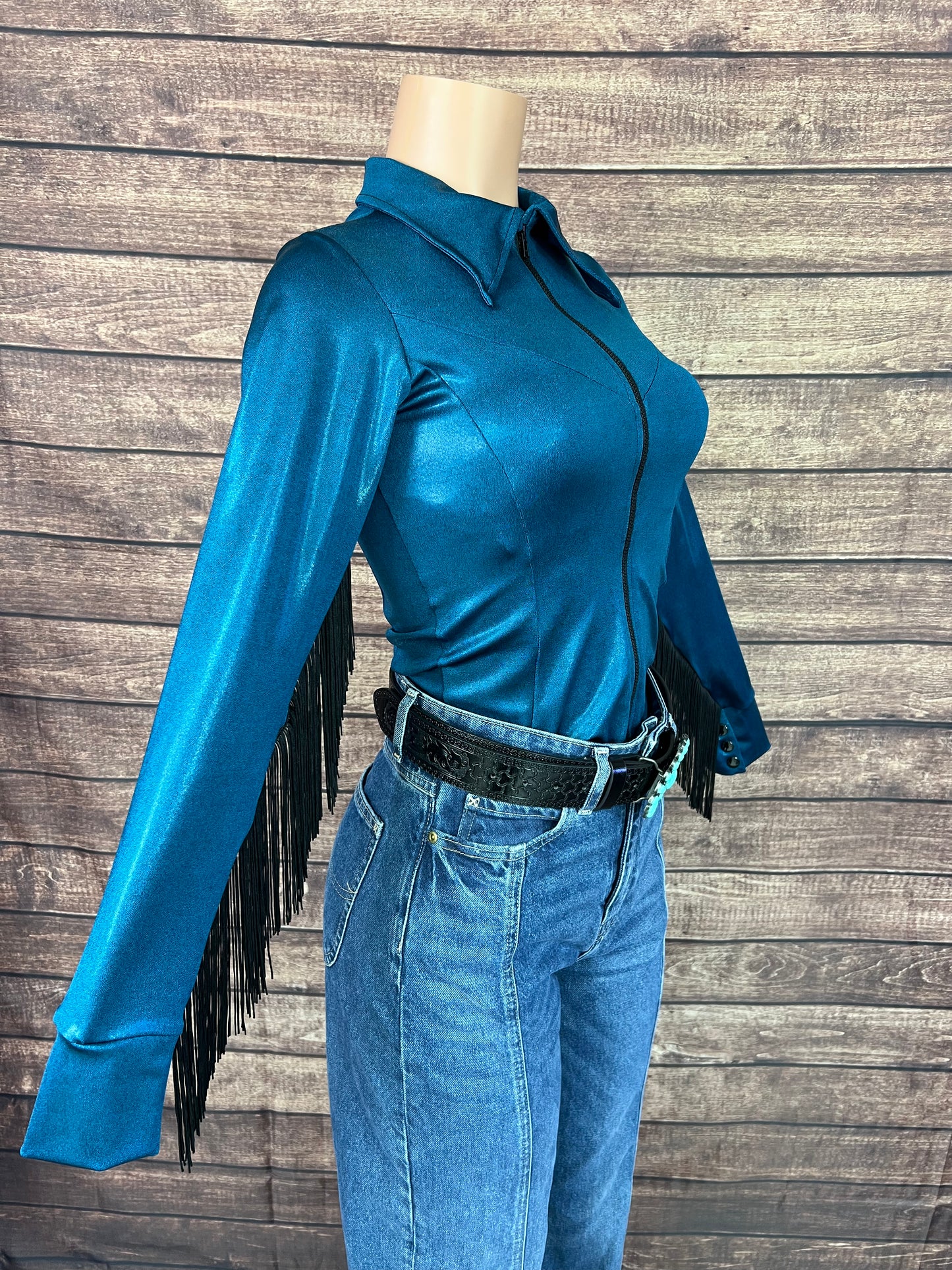 Nile Blue Zipper Front Rodeo Shirt with Black Fringe