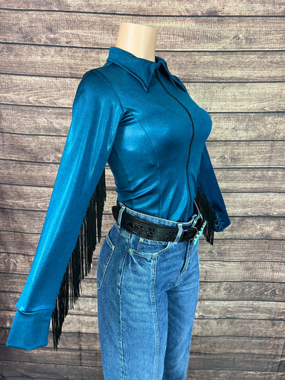 Nile Blue Zipper Front Rodeo Shirt with Black Fringe