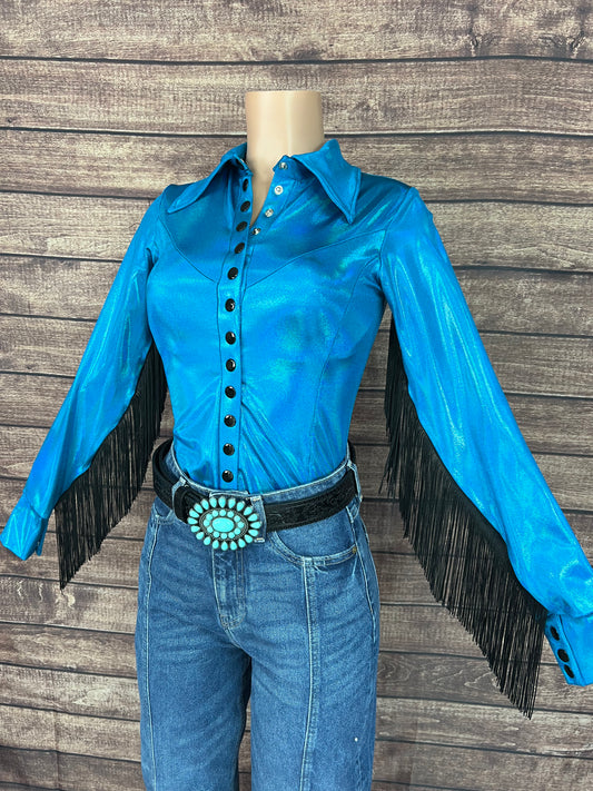Peacock Holographic Snap Front Rodeo Shirt with Black Fringe