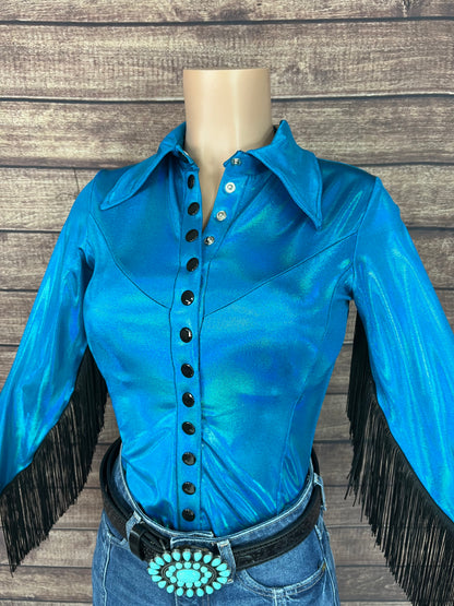 Peacock Holographic Snap Front Rodeo Shirt with Black Fringe