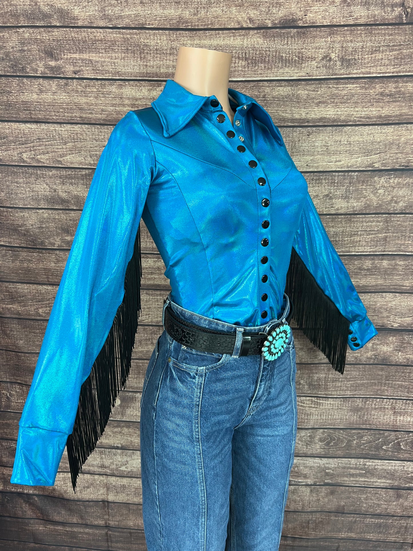 Peacock Holographic Snap Front Rodeo Shirt with Black Fringe