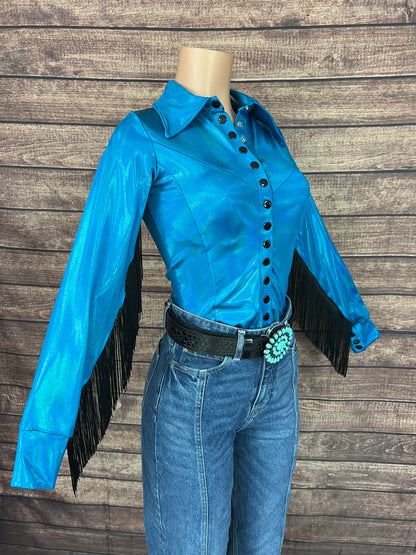 Peacock Holographic Snap Front Rodeo Shirt with Black Fringe