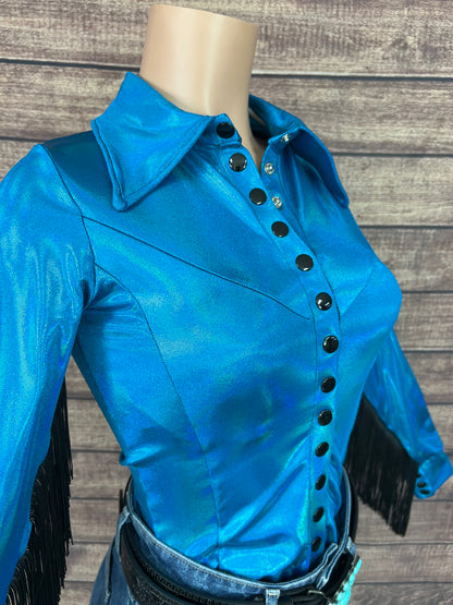 Peacock Holographic Snap Front Rodeo Shirt with Black Fringe