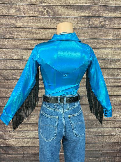 Peacock Holographic Snap Front Rodeo Shirt with Black Fringe