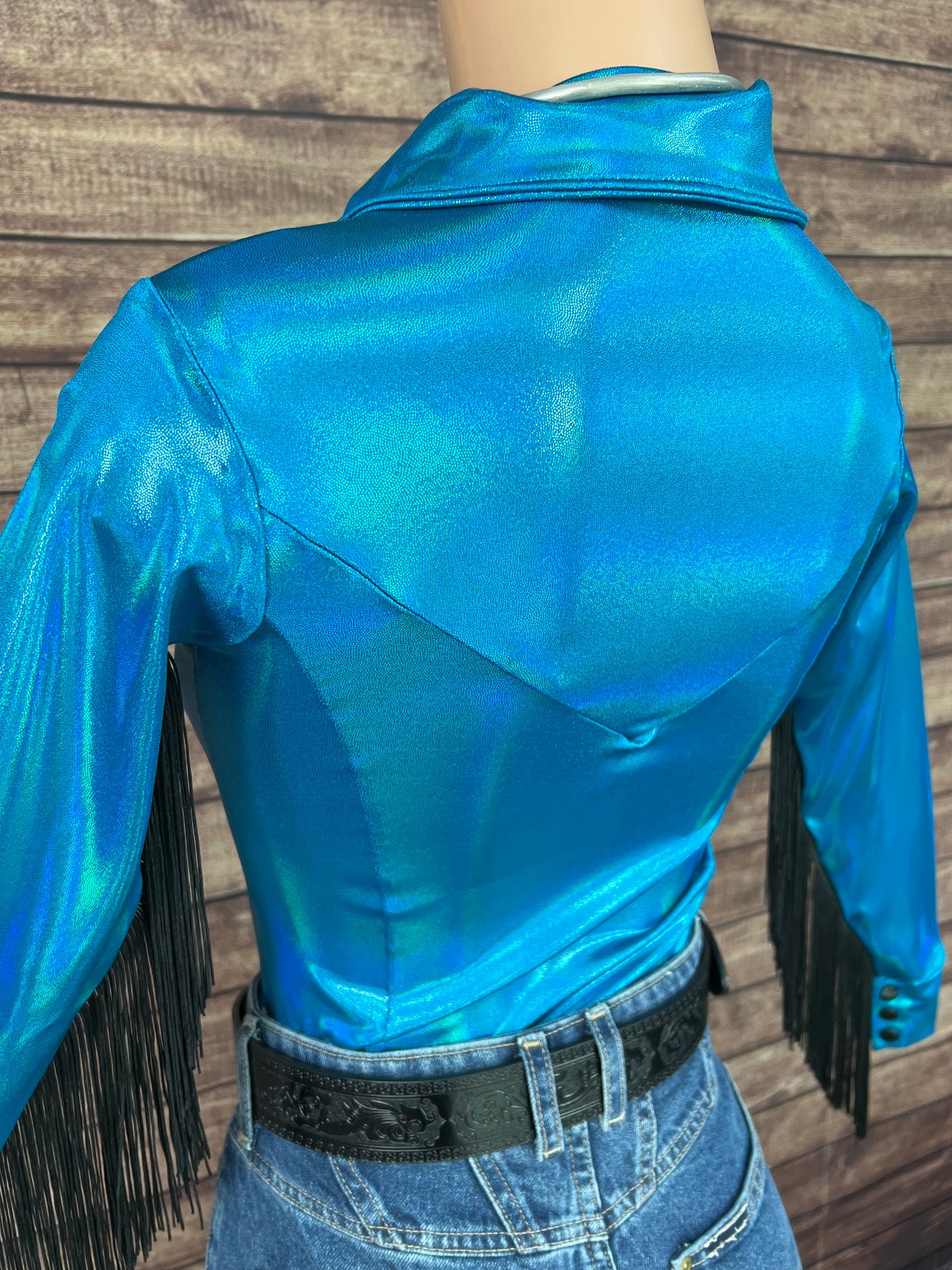 Peacock Holographic Snap Front Rodeo Shirt with Black Fringe
