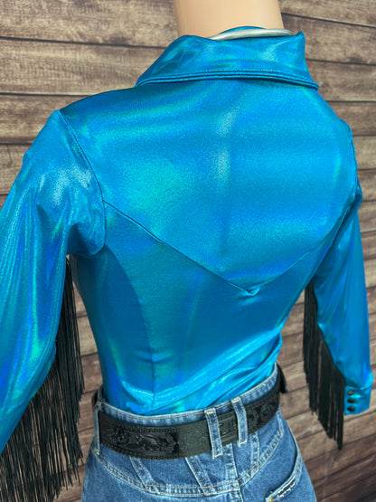 Peacock Holographic Snap Front Rodeo Shirt with Black Fringe