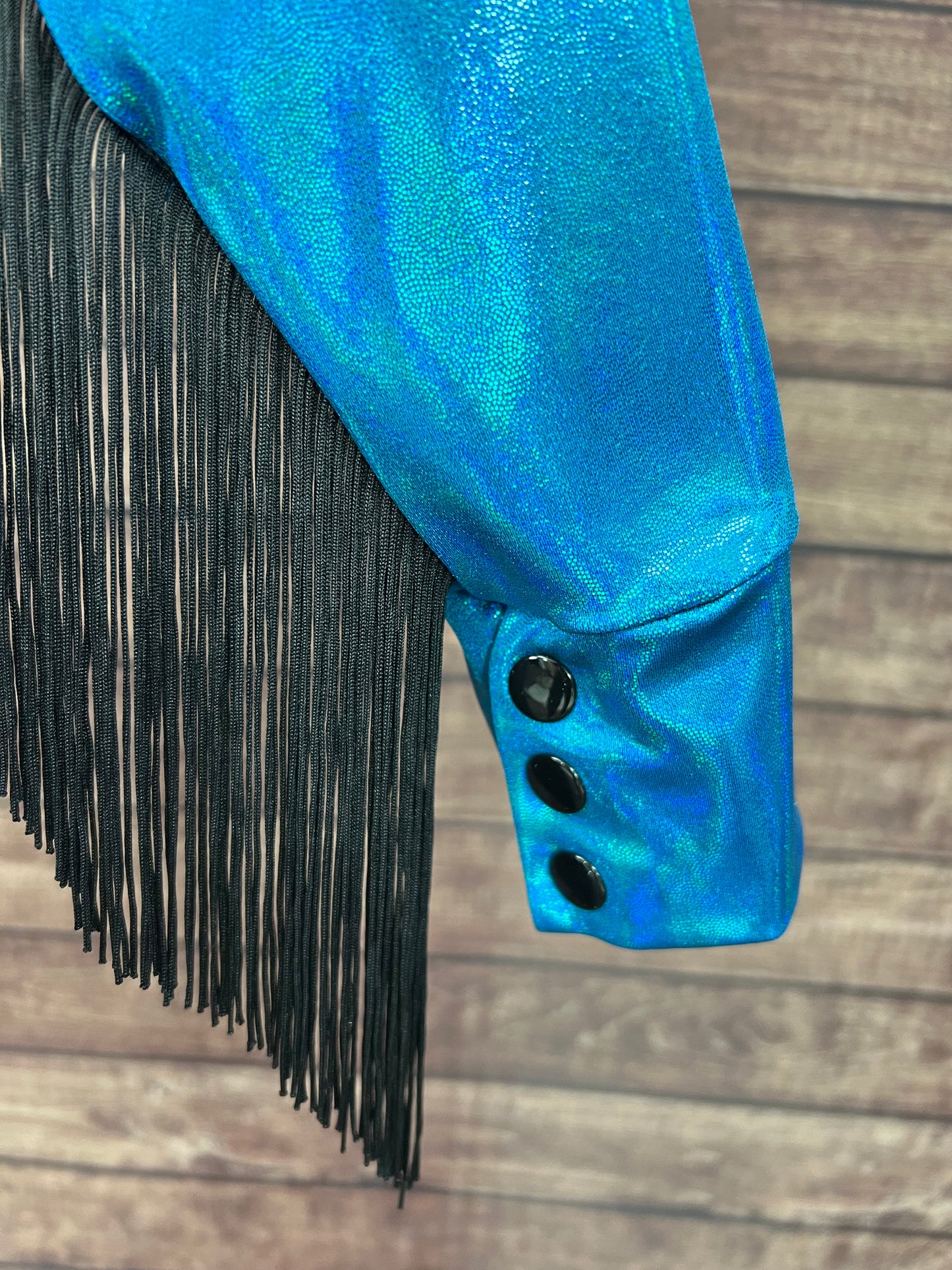 Peacock Holographic Snap Front Rodeo Shirt with Black Fringe