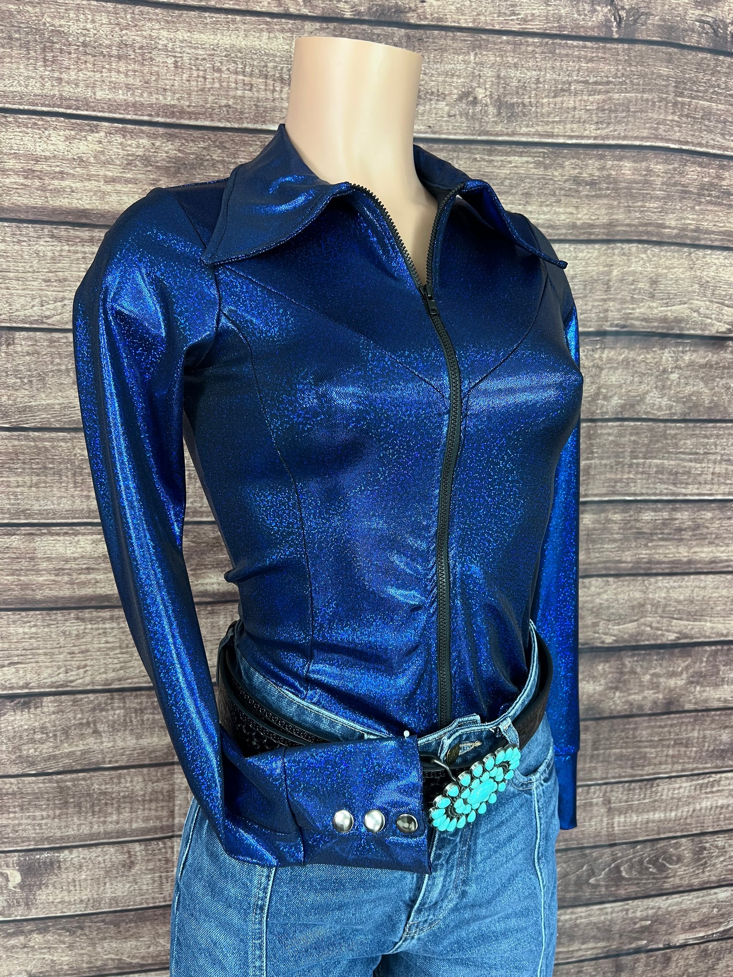 Blue Sparkly Jewel Zipper Front Rodeo Shirt