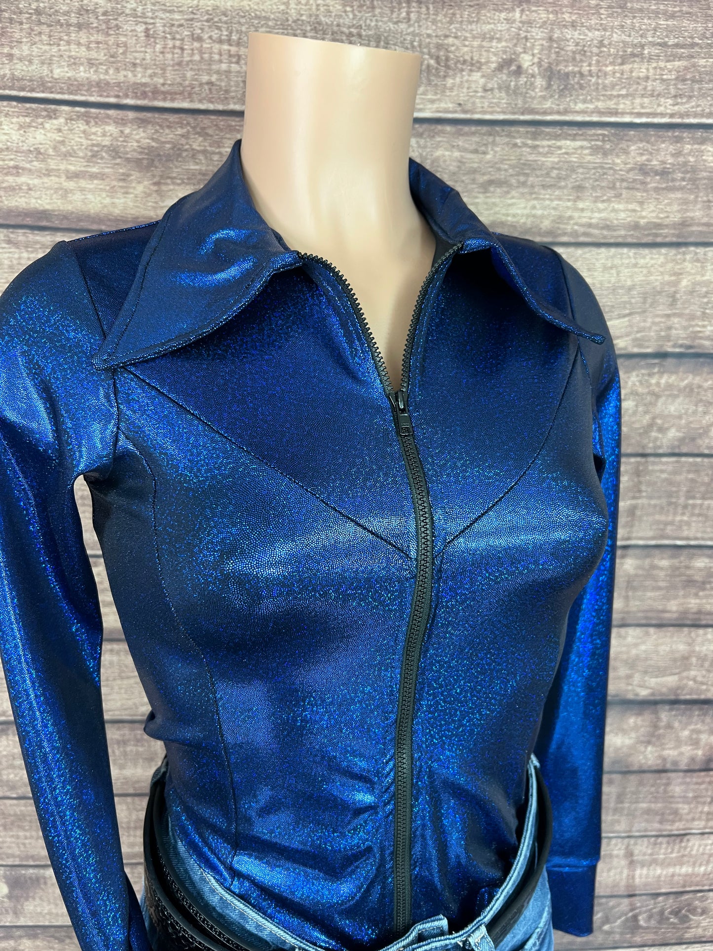 Blue Sparkly Jewel Zipper Front Rodeo Shirt