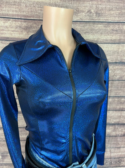 Blue Sparkly Jewel Zipper Front Rodeo Shirt