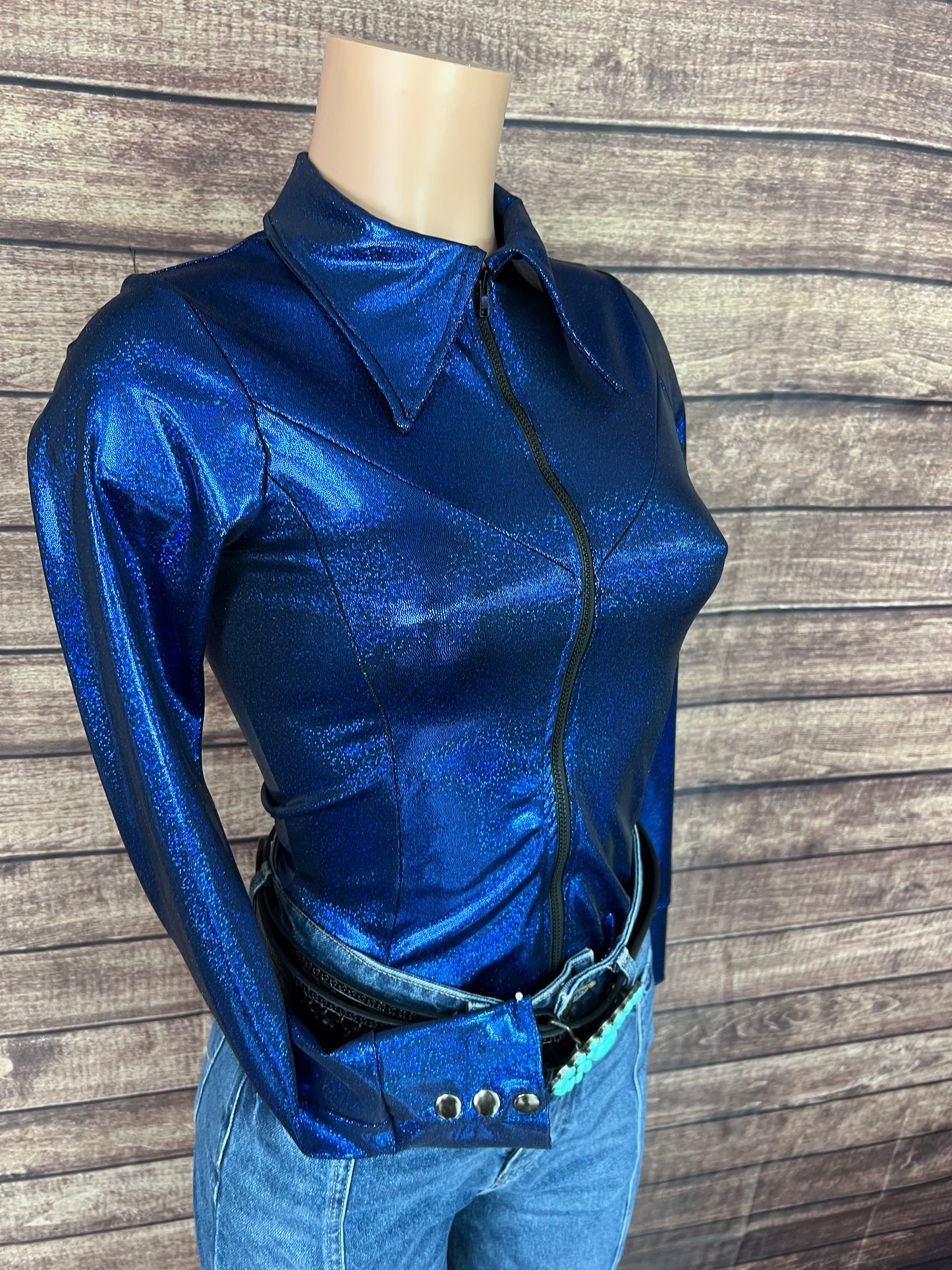 Blue Sparkly Jewel Zipper Front Rodeo Shirt