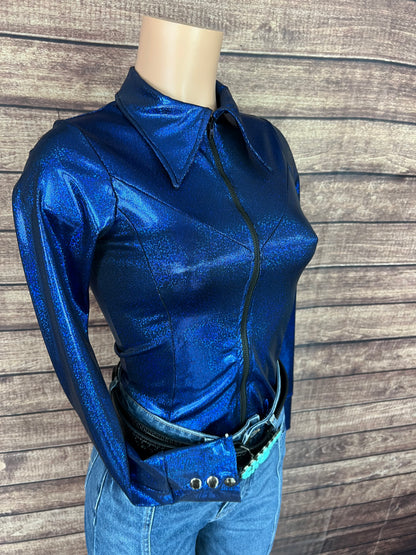 Blue Sparkly Jewel Zipper Front Rodeo Shirt