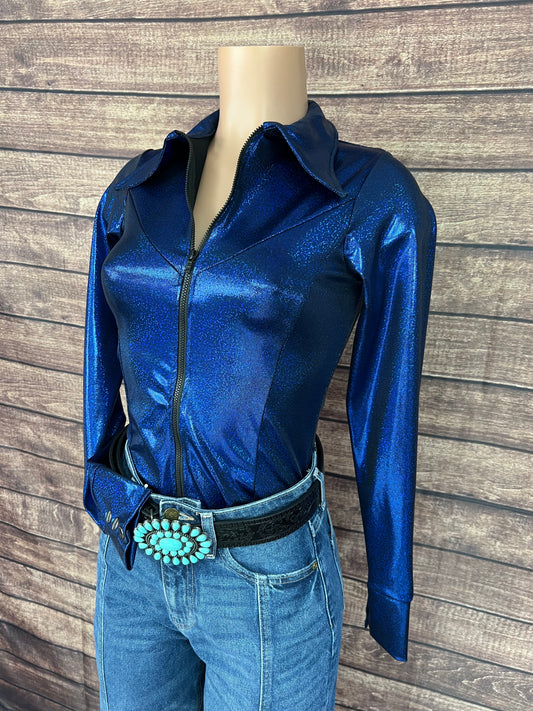Blue Sparkly Jewel Zipper Front Rodeo Shirt