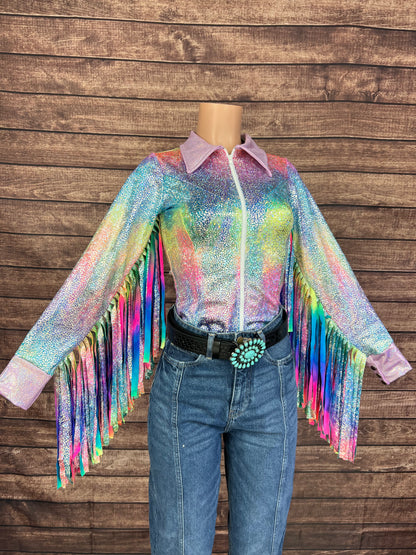Rainbow Shattered Glass Rodeo Shirt with Thunderbird Fringe
