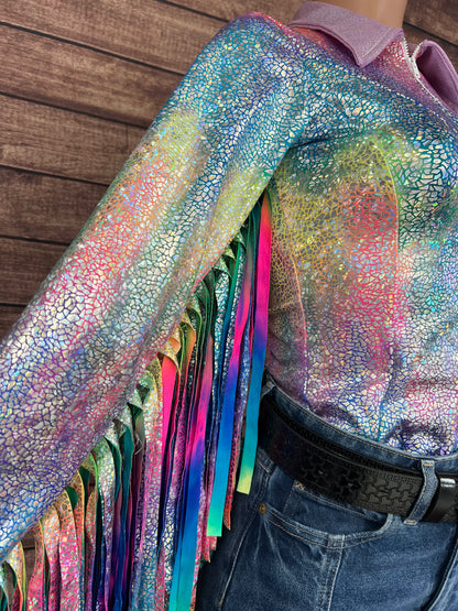 Rainbow Shattered Glass Rodeo Shirt with Thunderbird Fringe