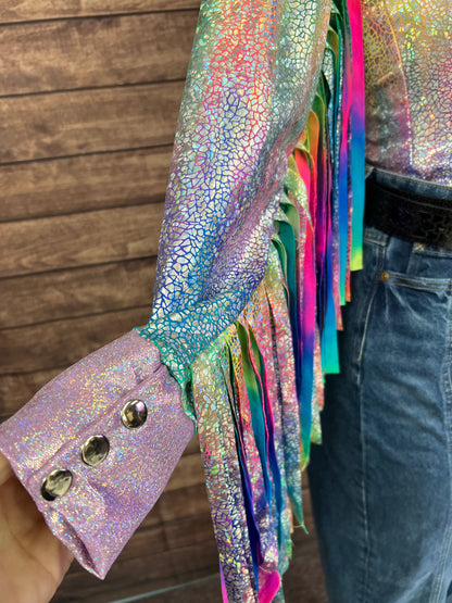 Rainbow Shattered Glass Rodeo Shirt with Thunderbird Fringe