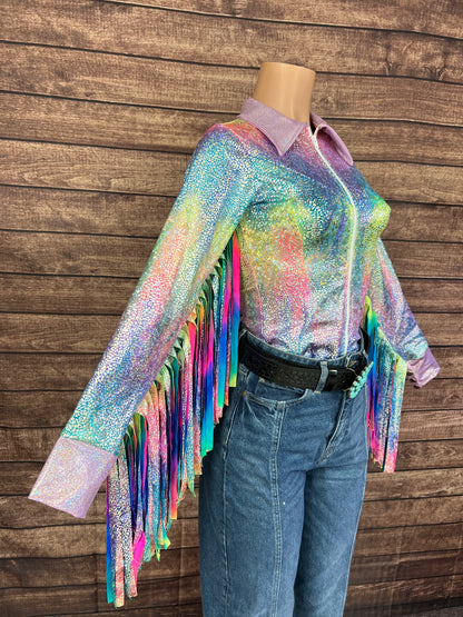 Rainbow Shattered Glass Rodeo Shirt with Thunderbird Fringe