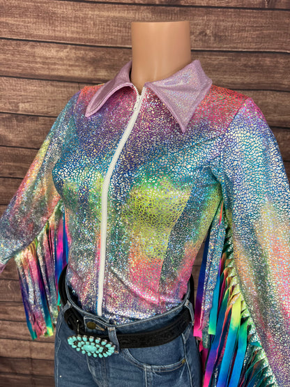 Rainbow Shattered Glass Rodeo Shirt with Thunderbird Fringe
