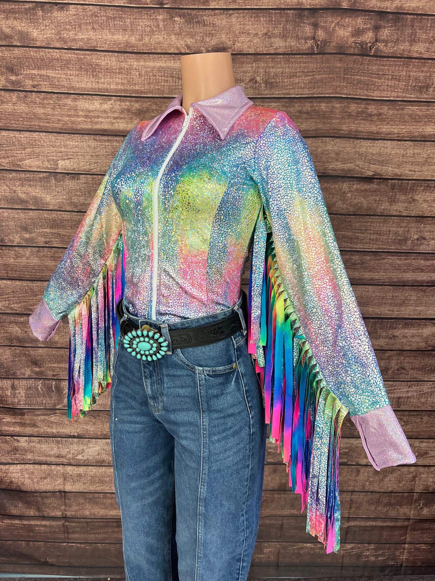 Rainbow Shattered Glass Rodeo Shirt with Thunderbird Fringe