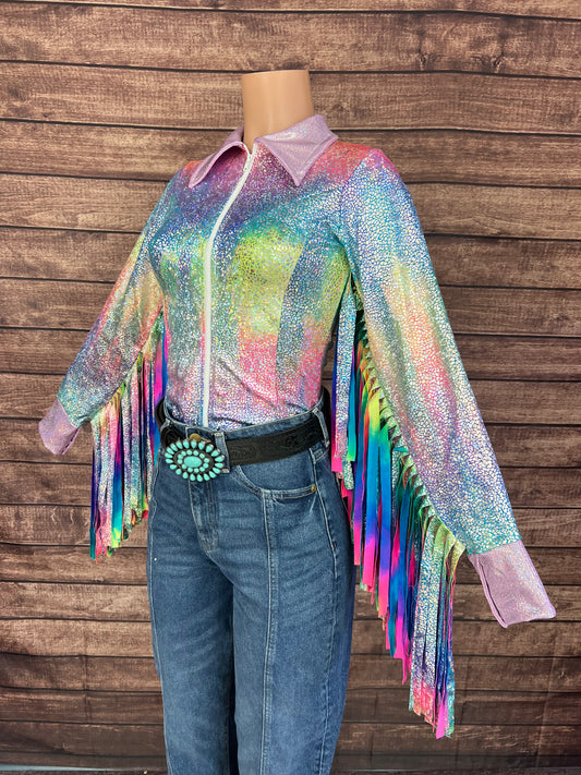 Rainbow Shattered Glass Rodeo Shirt with Thunderbird Fringe