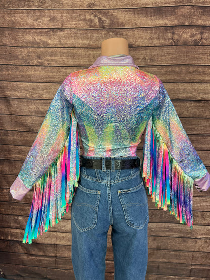 Rainbow Shattered Glass Rodeo Shirt with Thunderbird Fringe