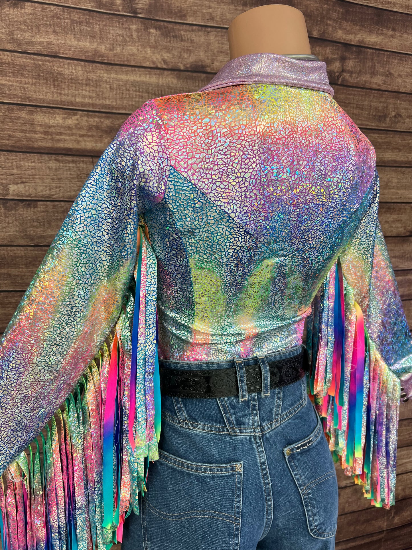 Rainbow Shattered Glass Rodeo Shirt with Thunderbird Fringe