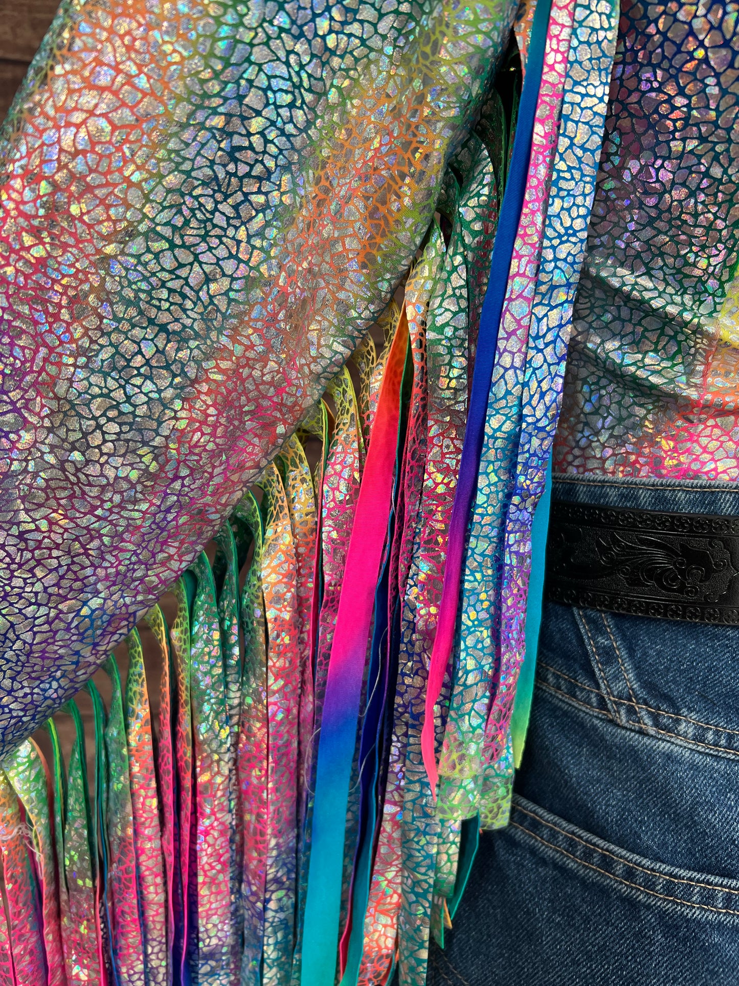 Rainbow Shattered Glass Rodeo Shirt with Thunderbird Fringe