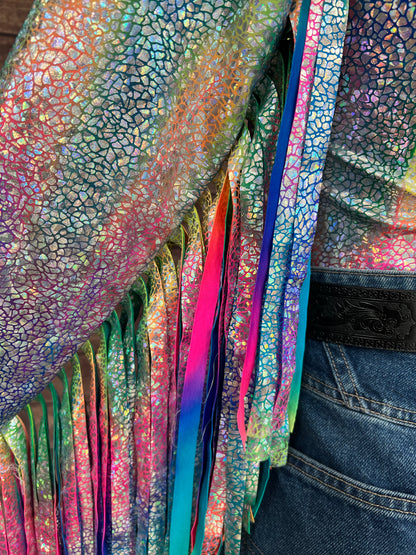 Rainbow Shattered Glass Rodeo Shirt with Thunderbird Fringe